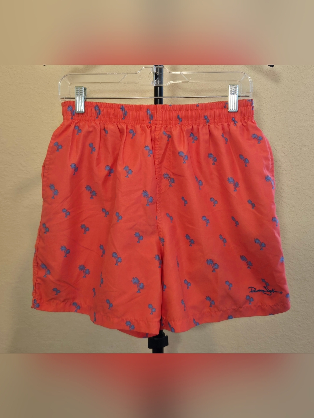 Panama Jack Coral Swim Trunks with Blue Palm Print